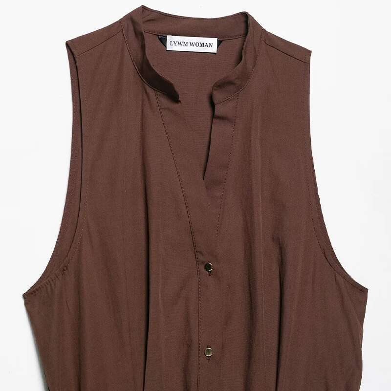 Willshela Women Fashion With Belt Brown Pleated Single Breasted Midi Dress Vintage V-Neck Sleeveless Female Chic Lady Dresses