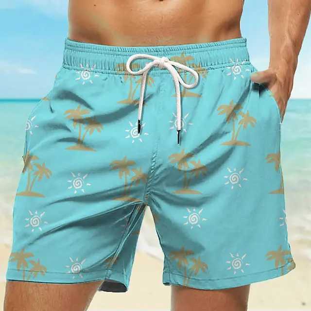 Fashion Mens Board Shorts Drawstring Coconut Tree Quick Dry Shorts Holiday Beach Hawaiian Casual Pink Blue Micro-elastic Shorts J2505155C7K