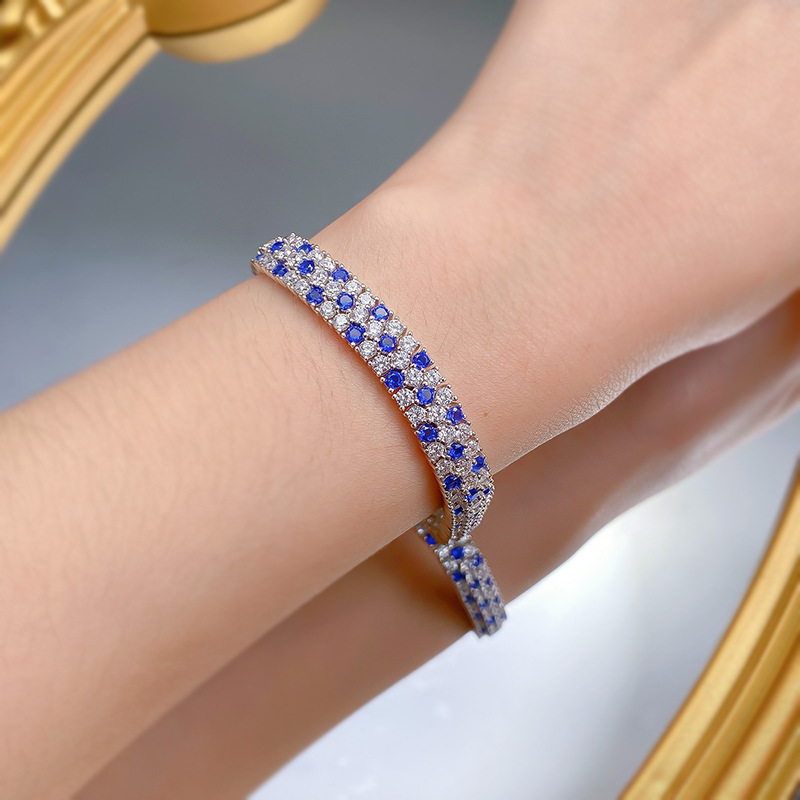 Elegant S925 Sterling Silver Bracelet with Royal Blue Full Diamonds, Trendy Fashionable Ins-style Jewelry, Perfect Gift for Her