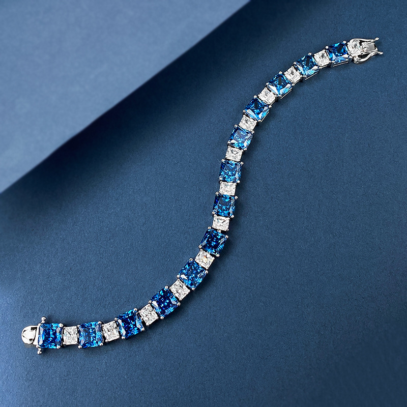 New 925 Sterling Silver Fashion Blue Simulated Diamond Bracelet for Women Elegant Ice Flower Design Luxury Gift Choice