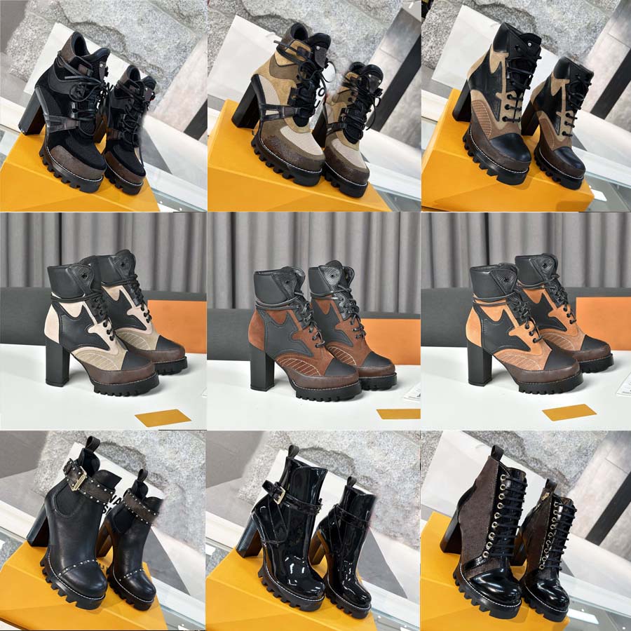 Luxury Designer Iconic Star Trail Ankle Boots Treaded Rubber Patent Canvas And Leather High Heel Lace Up Women Winter Sneakers