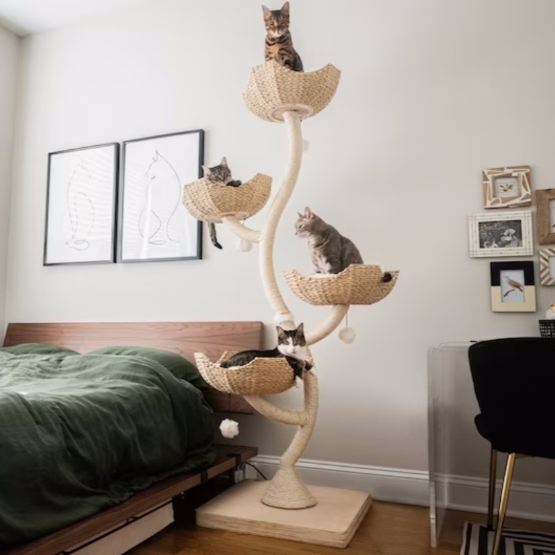 Tall Cat Tree Solid Wood Climbing Tower for Cats - Natural Fiber Weave & Hheight 72.8 inches