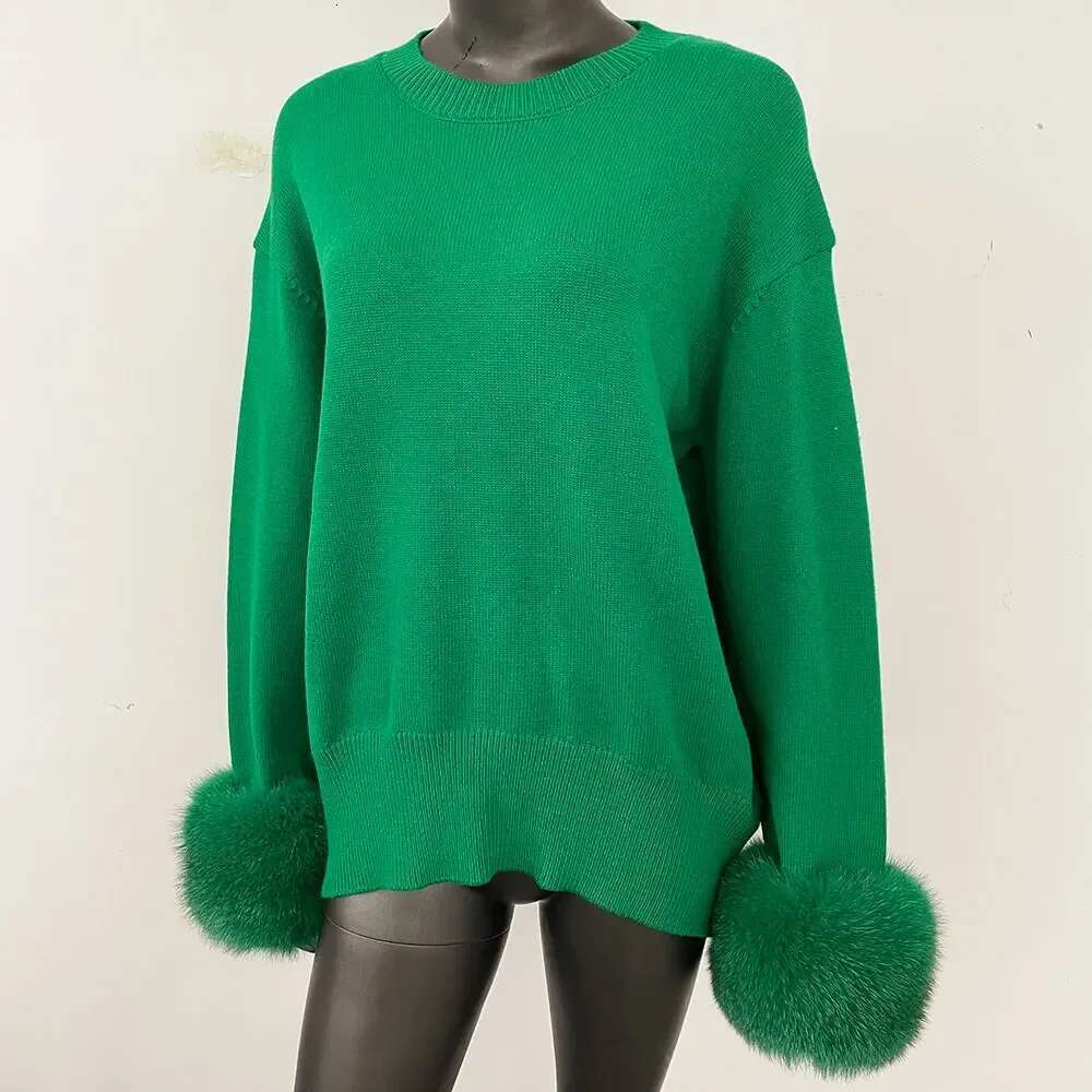 OFTBUY European American New Autumn Winter Knitted O-Neck Loose Solid Color Detachable Real Fox Fur Cuff Sweater 250520