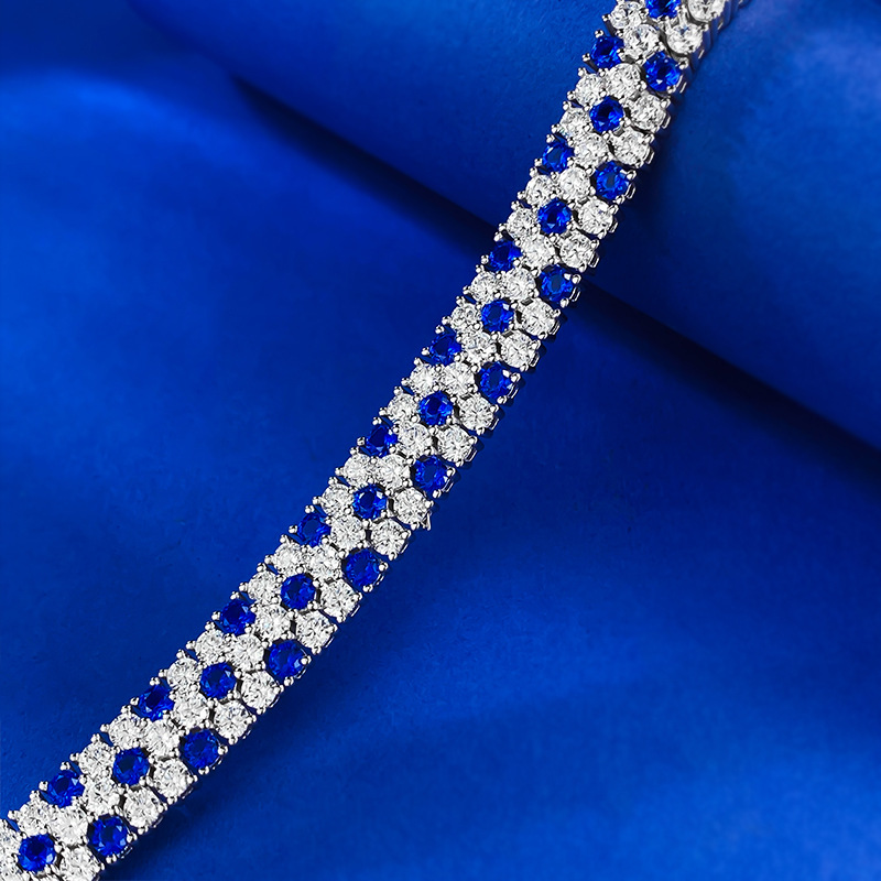 Elegant S925 Sterling Silver Bracelet with Royal Blue Full Diamonds, Trendy Fashionable Ins-style Jewelry, Perfect Gift for Her