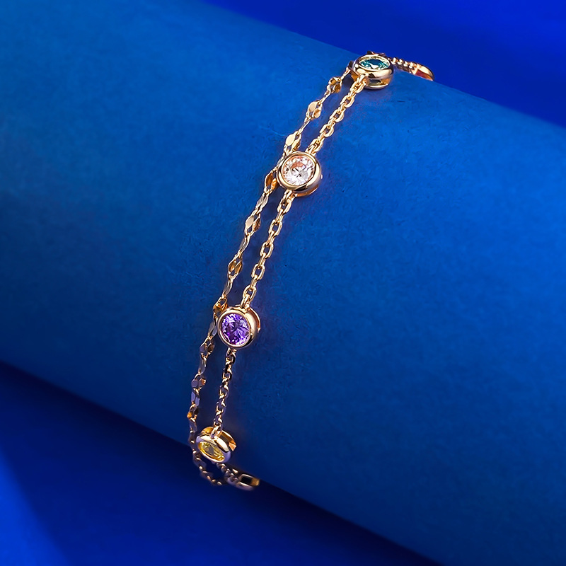 New S925 Sterling Silver Double Layer Rainbow Cubic Zirconia Adjustable Bubble Bracelet, Trendy Multi-Color Zircon Bracelet for Women