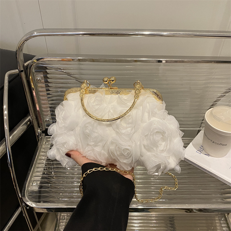Free Delivery Designer Bag Chiffon 3D Flower Banquet Champagne Women's Cheongsam Handmade Dress Chain Decorative Bag Hand Luxury Bag