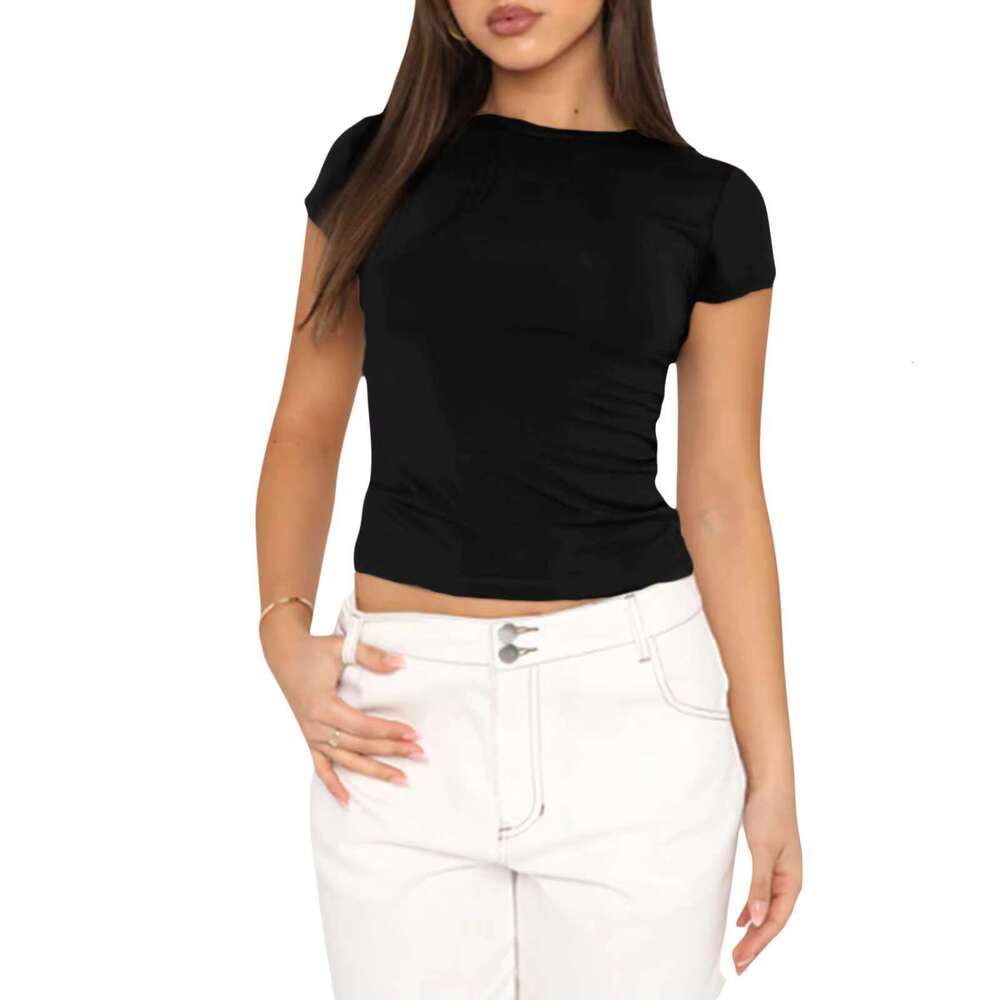 DHessentials New Solid Color Round Neck Women's Short Cotton T-shirt Casual Girls' Half Sleeved Bottom Shirt, Used For Hair Replacement