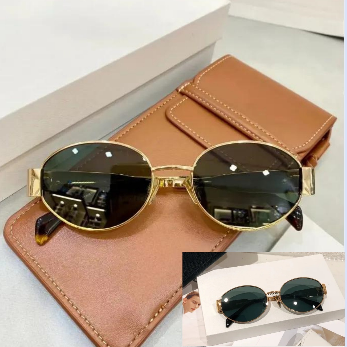 Sunglasses Femme Monture Ovale Designer 42235 Branches Métal Miroir Verres Verts Style Rétro Petit Rond Sexy Accessoire Lunettes Boîte