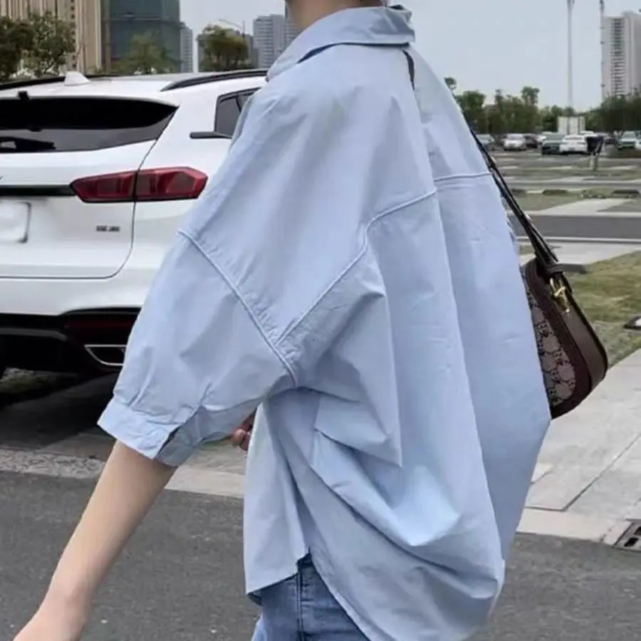 Cotton Midsleeve Thin Woman Blous Shir 2025 Summer Loose Fashion Irregular Shirt Casual Vacation Top Korean Womens Clothes 250516Z