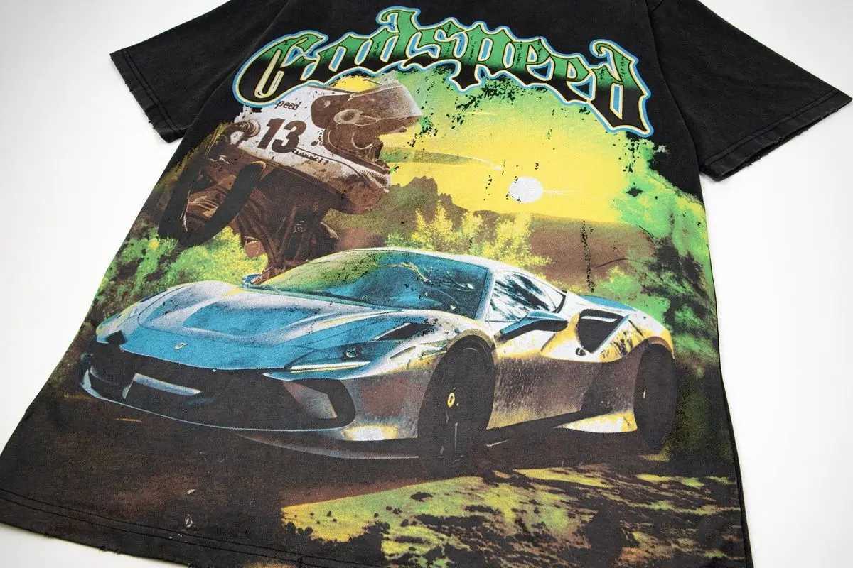 Godspeed Summer American Trendy Brand Retro Printing Wash Pure Cotton Short-sleeved T-shirt Ins Loose Version for Men and Women J250515