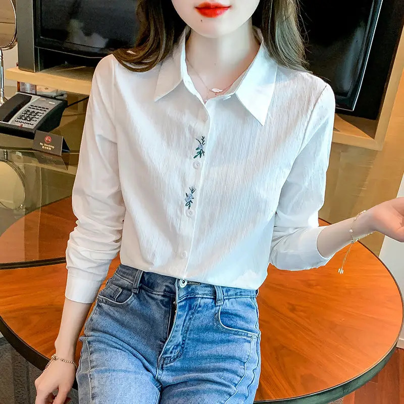 Pure Cotton Embroidered White Shirt for Women Longsleeved Temperament Top Covering Belly Fashionable 250516Z