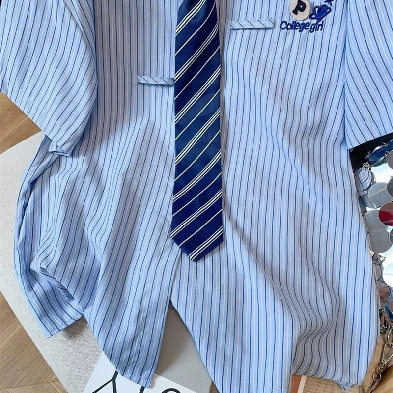 2025 Preppy Style Blue Striped Shirt Summer Short Sleeve Loose Blouse Woman Streetwear Letter Embroidery Shirts Female 250516Z