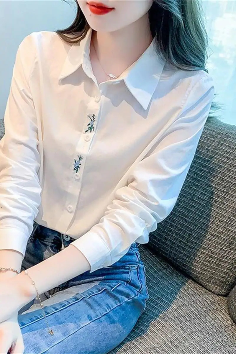 Pure Cotton Embroidered White Shirt for Women Longsleeved Temperament Top Covering Belly Fashionable 250516Z