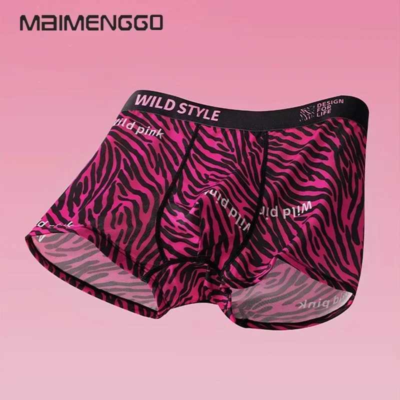 MAIMENG Mens Underwear Sexy Leopard Pattern Ice Silk Panties Comfortable Flat Corner Antibacterial Fashion Men Boxer Short J250516