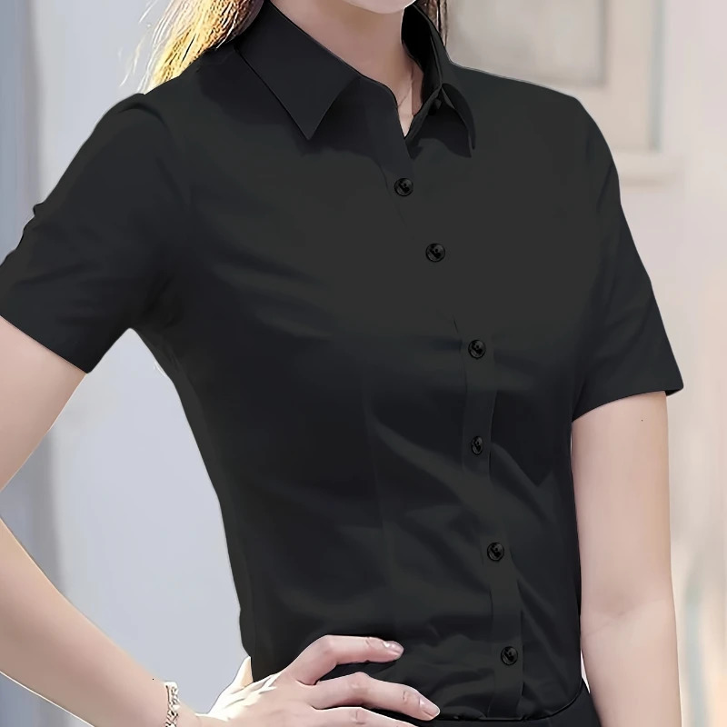 ShortSleeve Shirts for Women 2025 Summer Elegant Female Clothing Basic Formal Dress Shirt Blouse OL Solid Ladies Tops 250516Z