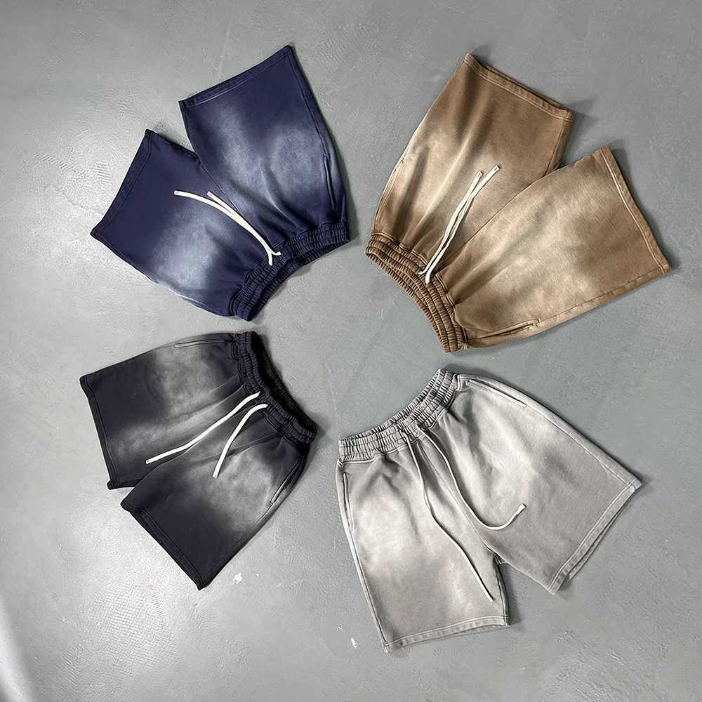 2025 Spray Dyeing Vintage Original Mens Shorts Streetwear Trendy Washed Distressed Retro Pure Cotton Loose Shorts Y2k Tie-dyed J250515ECSP