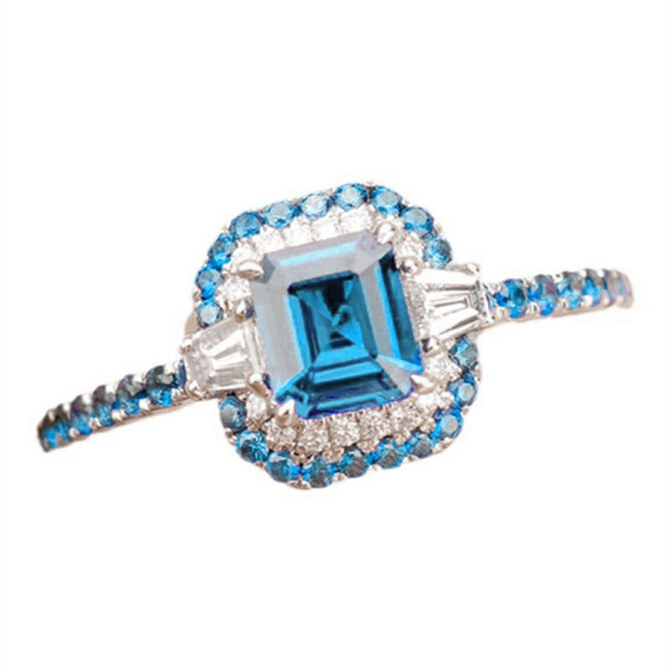 Brand New Wedding Rings Sparkling Luxury Jewelry 925 Silver Fill Princess Cut Aquamarine Zircon CZ Designer Diamond Women Engagement Geometry Band Rin