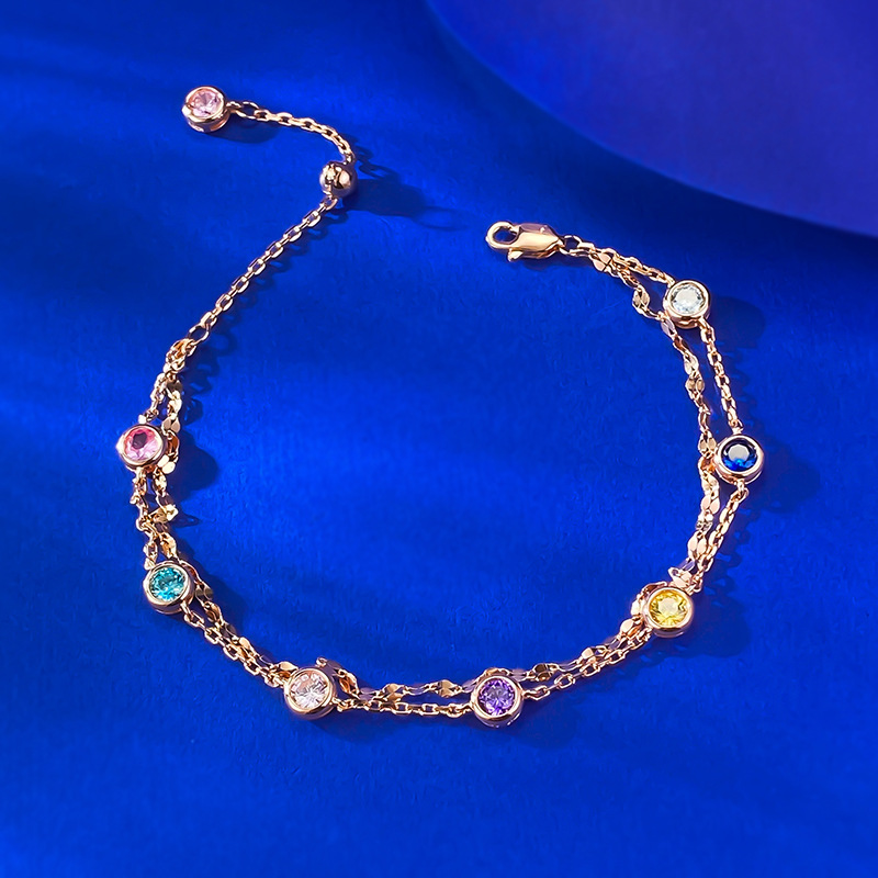 New S925 Sterling Silver Double Layer Rainbow Cubic Zirconia Adjustable Bubble Bracelet, Trendy Multi-Color Zircon Bracelet for Women