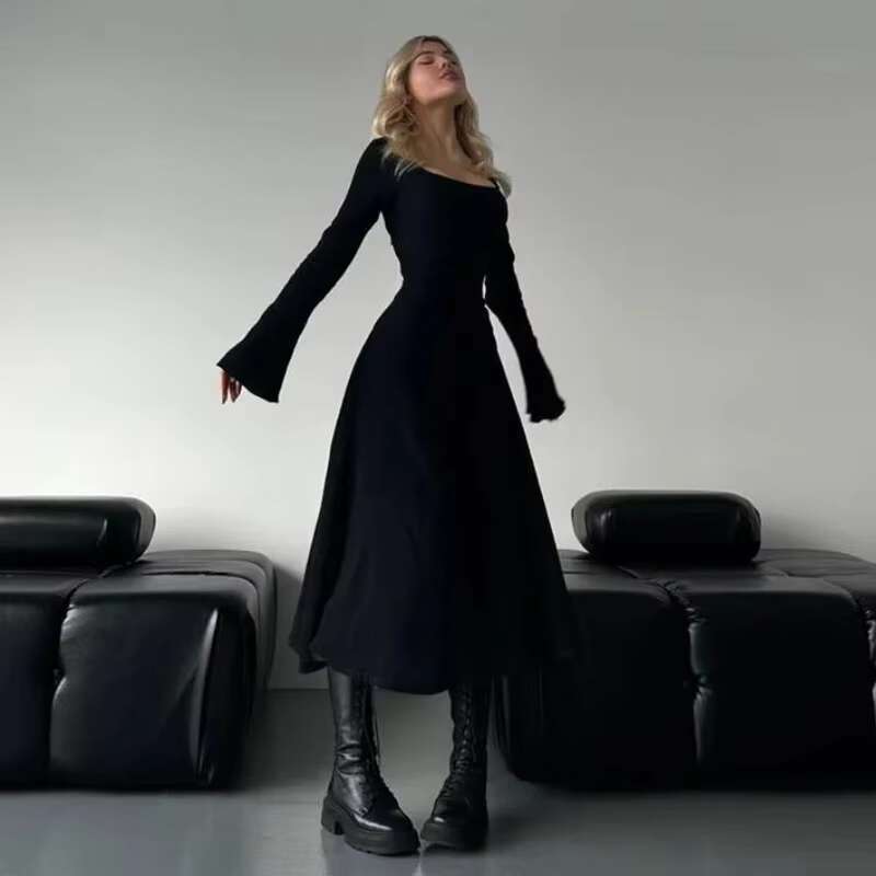 DHEssentials AngelsLine Elegant Long Sleeve A-Line Dress Square Neck Bodycon Bandage Maxi Dress for Parties Casual Wear XS to XL