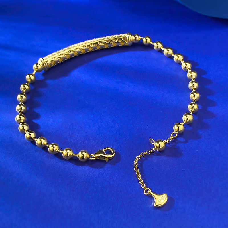 New European Style Gold Beaded Bracelet with Adjustable Full Crystal Zirconia Bar, Fashionable and Elegant Dainty Chain Jewelry for Women
