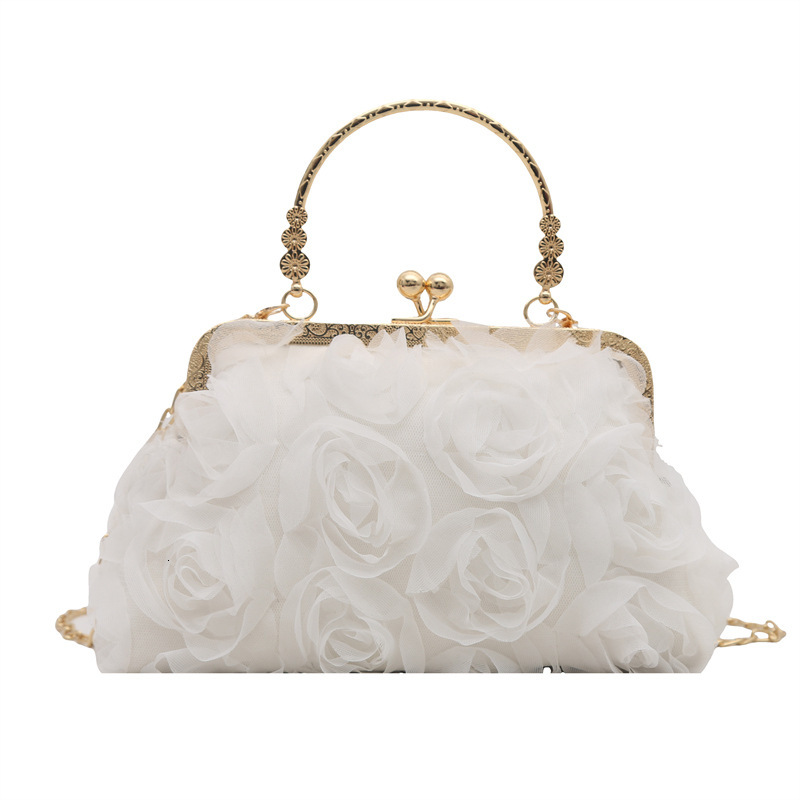 Free Delivery Designer Bag Chiffon 3D Flower Banquet Champagne Women's Cheongsam Handmade Dress Chain Decorative Bag Hand Luxury Bag