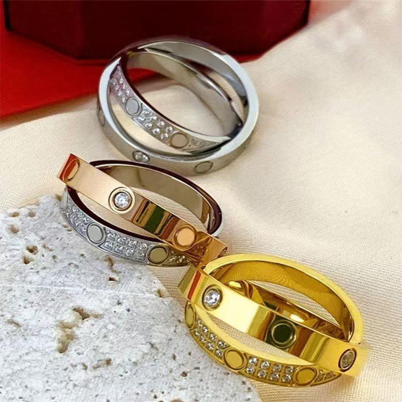 Brand Love Ring Luxury Crystal Double Row Cross Ring Couple 18 Gold Pair Ring Stainless Steel Designer Ring for Men and Women