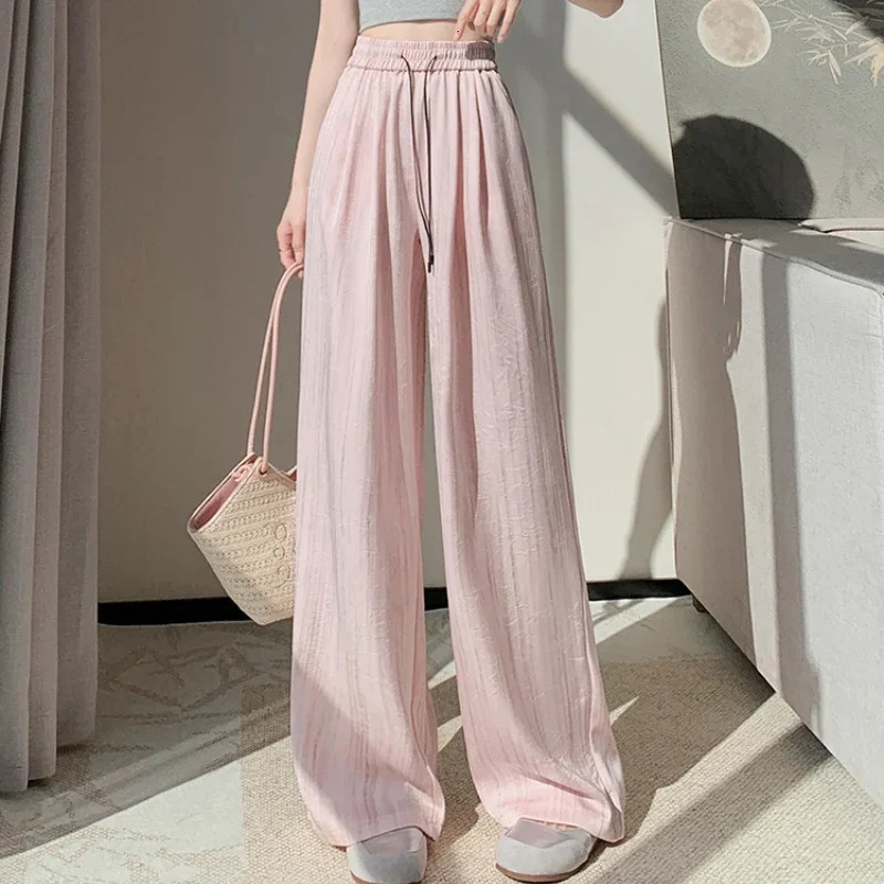 2025 Summer Vintage Ice Silk Satin Ink Printed Wide Leg Pant for Women High Waist Casual Loose Straight Full Length Trousers 250517