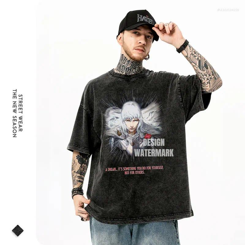 Men's T Shirts Anime Berserk T-shirts Oversized Vintage Washed Griffith Shirt Summer Short Sleeve Retro Manga Guts Kenpuu Denki Tops Tees
