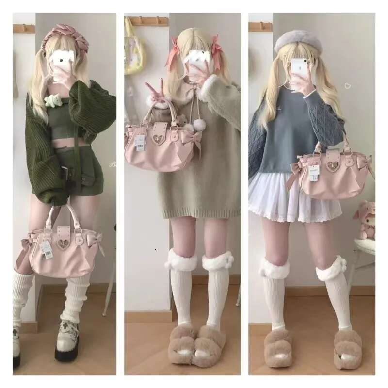 Brand Pink Bow Handbag High Quality Large Capacity Ladies Messenger New Japanese Retro Commuter Women's Bag