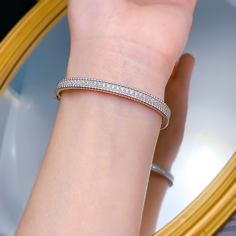 925 Sterling Silver White Gold Plated Double Row Zircon Bracelet for Women, Stylish Minimalist Fine Chain Bangle, Elegant Shine for Daily Wear & Gifts