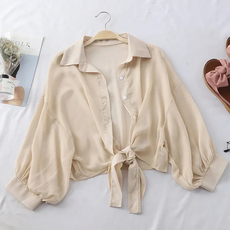 Casual Loose Hollow White Clothes Elegant Solid Color Tied Waist Blouse Women Summer Bat Half Sleeve Button Chiffon Shirt 250516Z