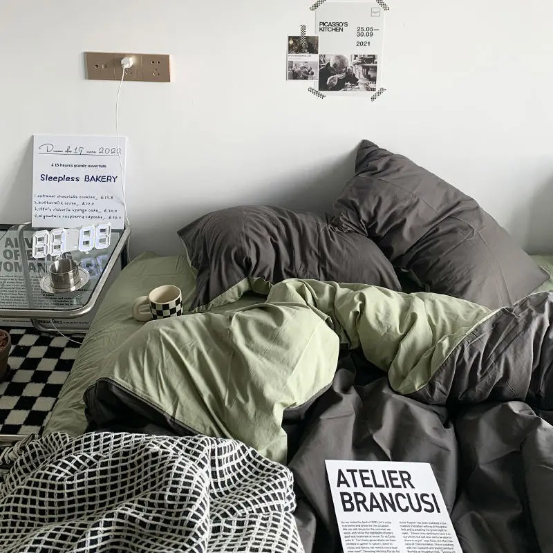 Solid Blue Duvet Cover Set Flat Sheet with Pillowcases Twin Full Size Boys Girls Bed Linen Grey Green Bedding Kit 250514