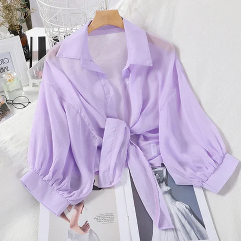 Casual Loose Hollow White Clothes Elegant Solid Color Tied Waist Blouse Women Summer Bat Half Sleeve Button Chiffon Shirt 250516Z