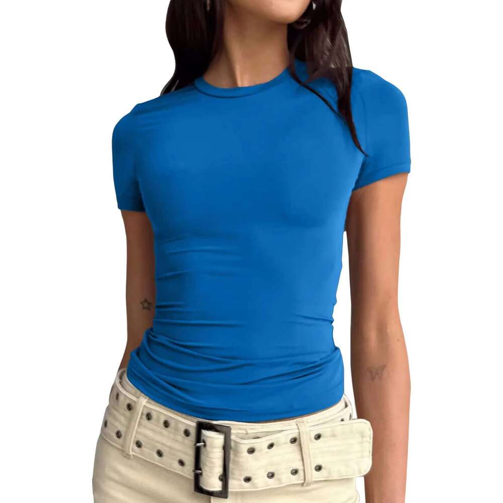 DHessentials New Solid Color Round Neck Women's Short Cotton T-shirt Casual Girls' Half Sleeved Bottom Shirt, Used For Hair Replacement