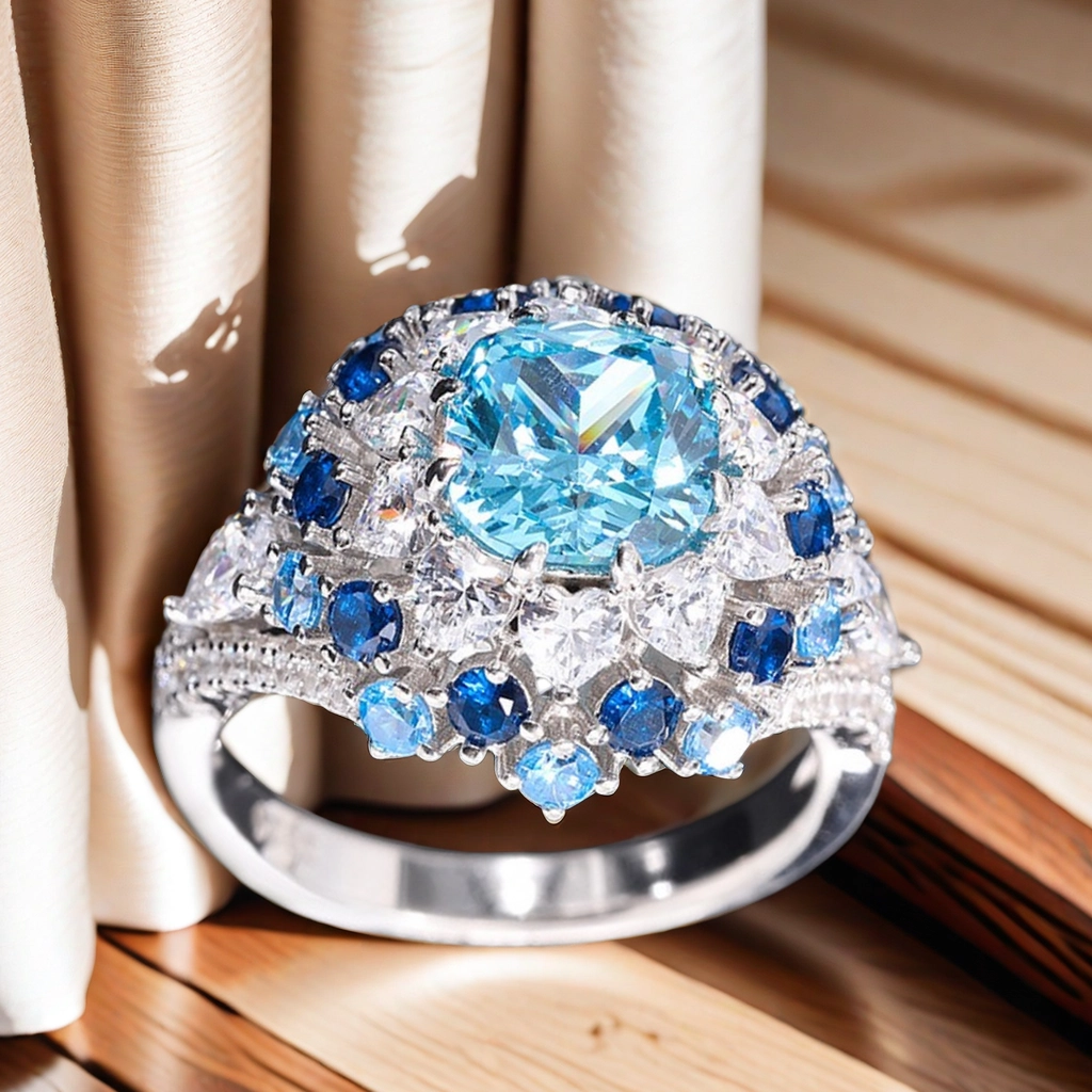 The S925 sterling silver sky blue 8*8 high-carbon diamond women's ring fashionable, individual and beautiful candy-like sweet jewelry ring