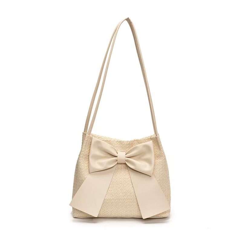 2025 New Summer Grass Weaving Designer Women's Underarm New Soft and Elegant Bow shaped Bucket Multi functional Shoulder Bag