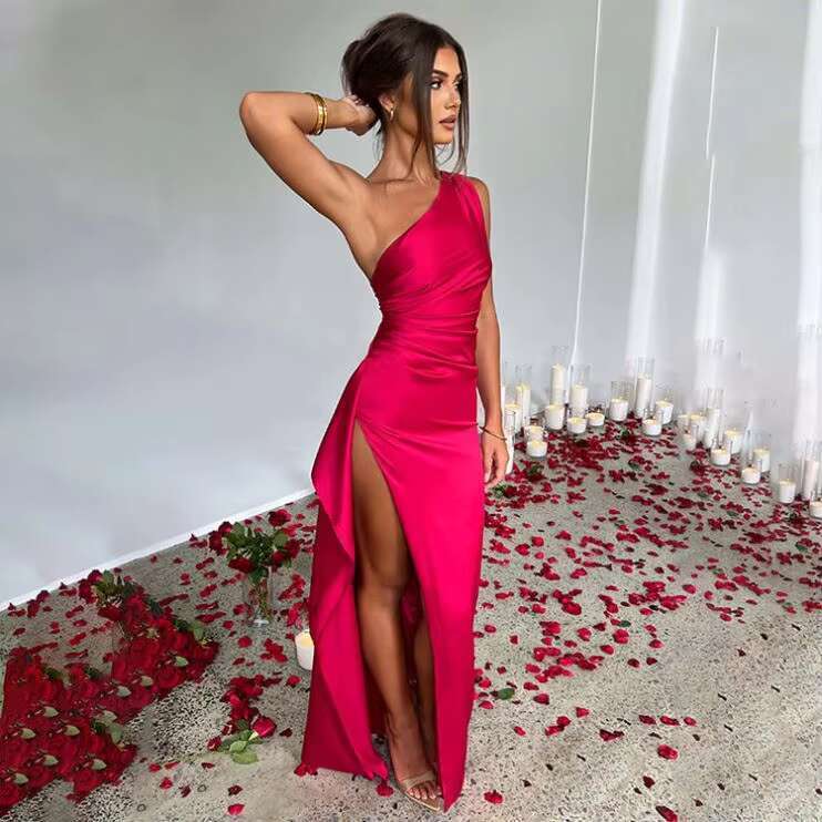 DHEssentials New Style Summersatin One Shoulder Split Sexy Women Long Celebrity Bodycon Lady Dress for Party Club Banquet