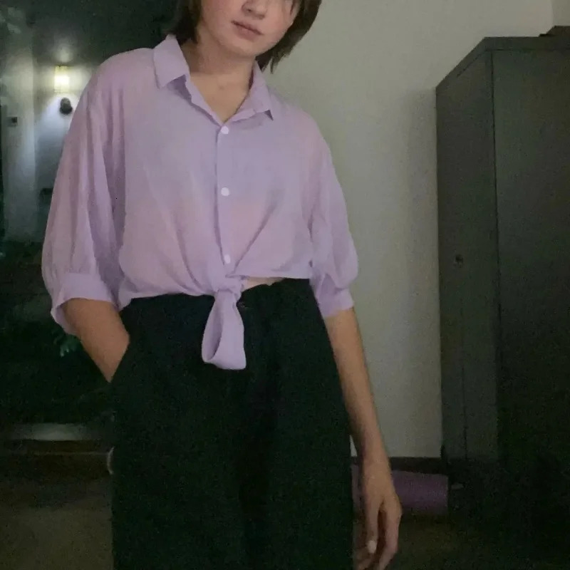 Casual Loose Hollow White Clothes Elegant Solid Color Tied Waist Blouse Women Summer Bat Half Sleeve Button Chiffon Shirt 250516Z