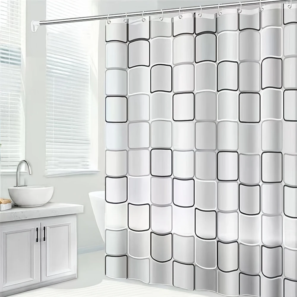 Grey and White Grid Fabric Shower Curtain for Bathroom with 12 Hooks Waterproof Bath Accessories Modern Type Machine Washable