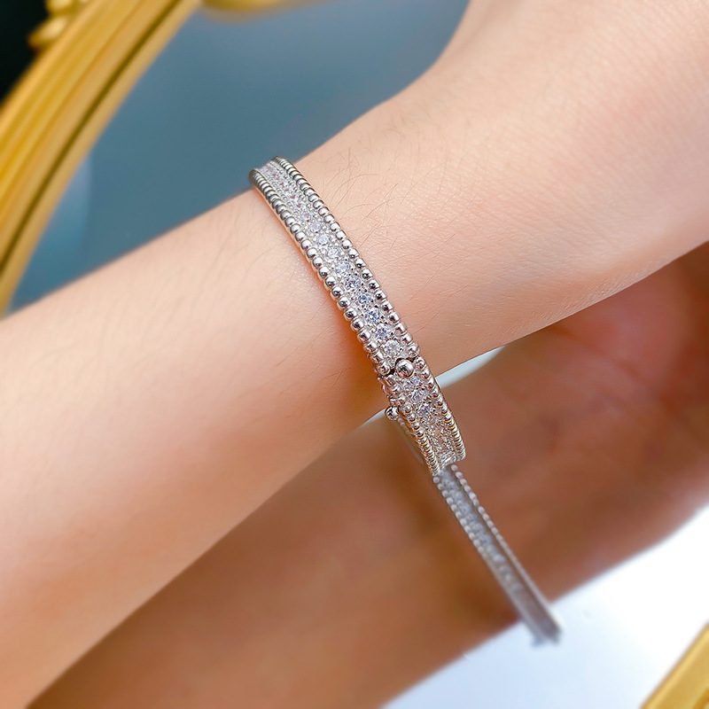 925 Sterling Silver White Gold Plated Double Row Zircon Bracelet for Women, Stylish Minimalist Fine Chain Bangle, Elegant Shine for Daily Wear & Gifts