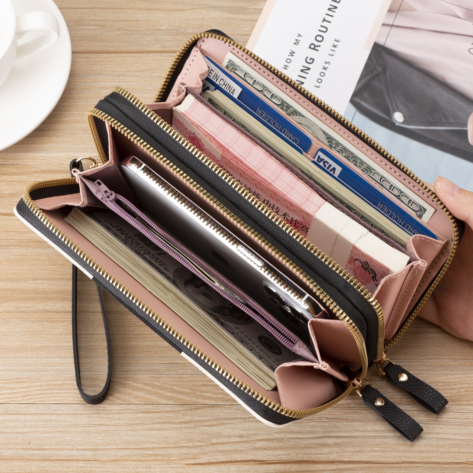 2025 Designer Fashion Casual Girls Long Handheld Three Color Spliced Simple Zipper Phone Bag Wallet