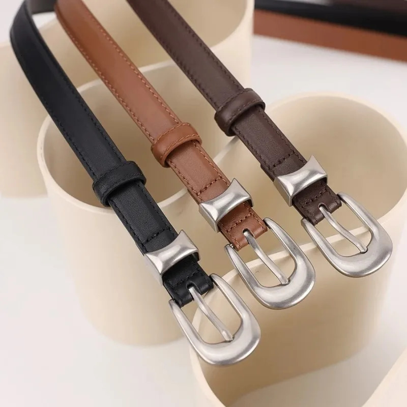 Retro silver buckle thin belt womens cowhide belt black decoration with jeans jacket versatile genuine leather waistband 250517