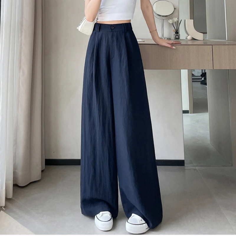 2025 Summer Cotton and Linen Womens Wide Leg Pants Solid Ice Silk High Waist Straight Casual Loose Suit Trousers Female 250517