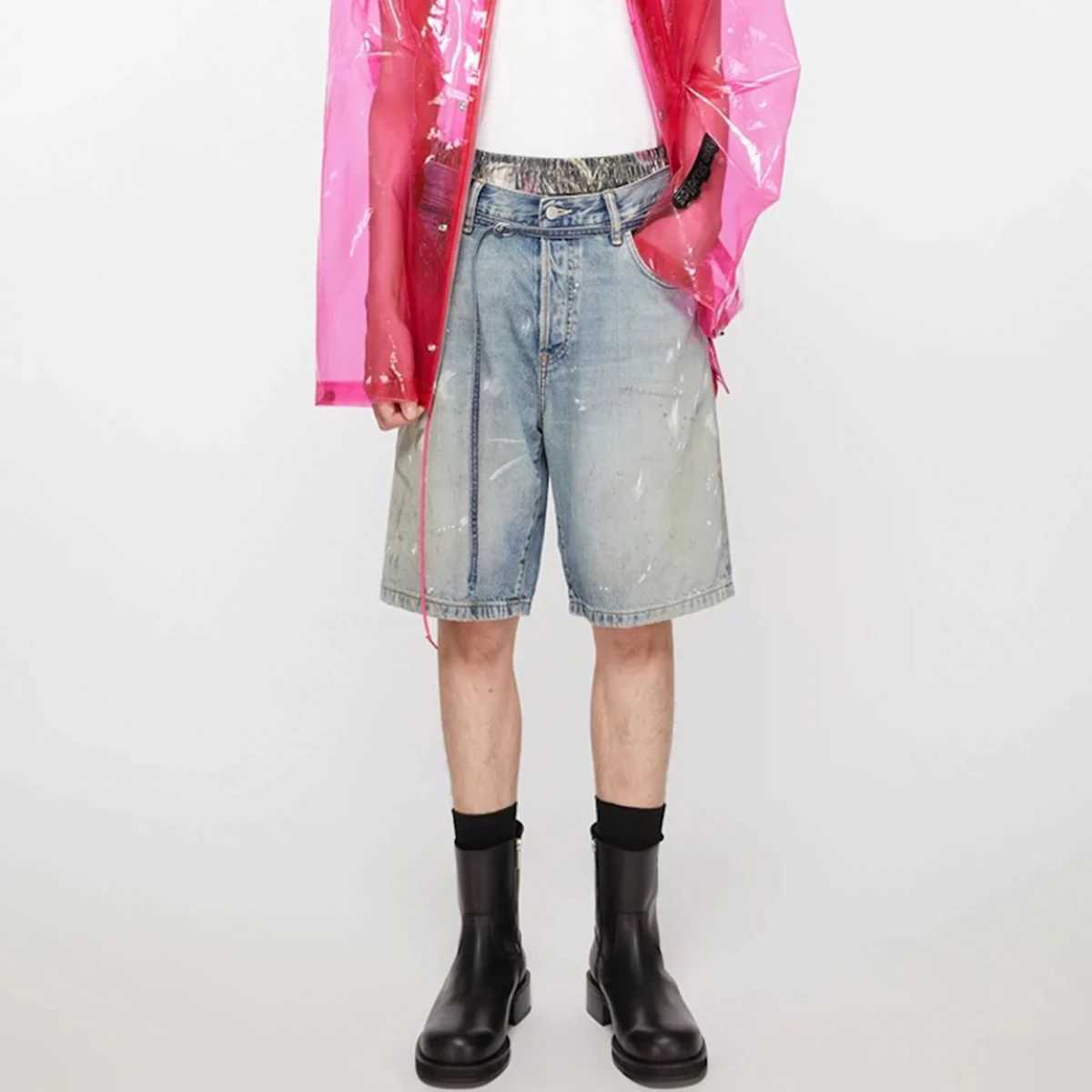 Streetwear New Summer Ink Splashed Hand-painted Denim Shorts Mens Straight Blue Washed Baggy Knee Length Jeans Pants Oversized J250515ZQIW