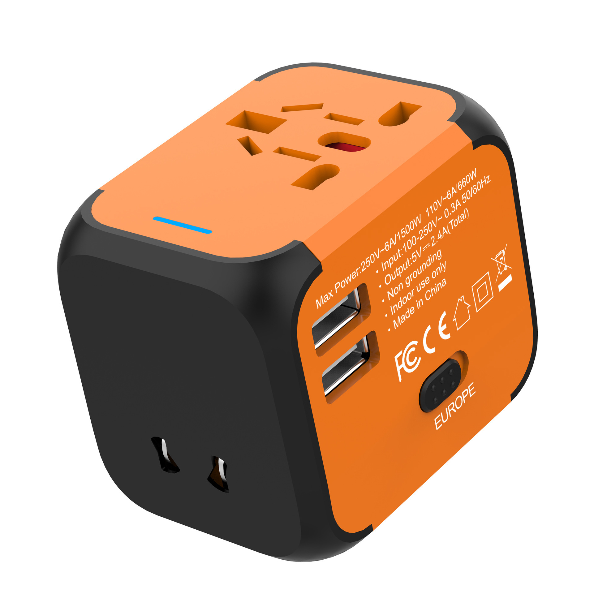 All-in-One Universal Travel Adapter with 2 USB Ports, Worldwide US/AU/UK/EU Plugs, Dual Fuse Safety & Fireproof Design - Compact 100-250V Charger for 