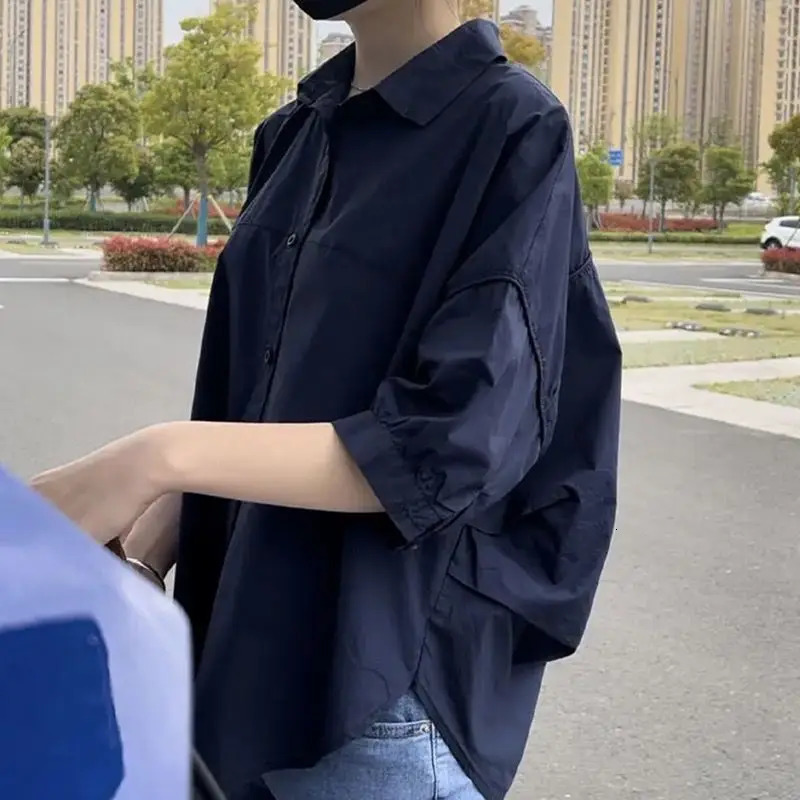 Cotton Midsleeve Thin Woman Blous Shir 2025 Summer Loose Fashion Irregular Shirt Casual Vacation Top Korean Womens Clothes 250516Z