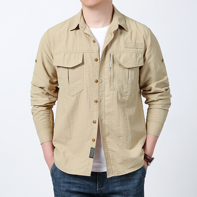 New spring 2025 quick drying long sleeved shirt with multiple pocket sleeves that can be rolled up for functional tactics 241209
