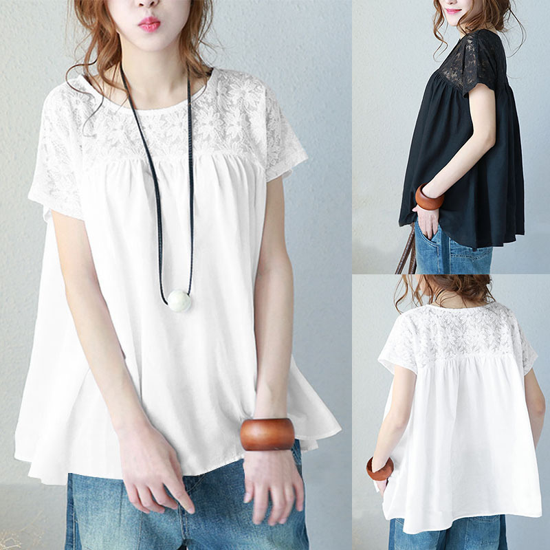 2025 Foreign Trade New Large Solid Color Lace Short Sleeve Shirt Top Splicing Women's Clothing ddmySept
