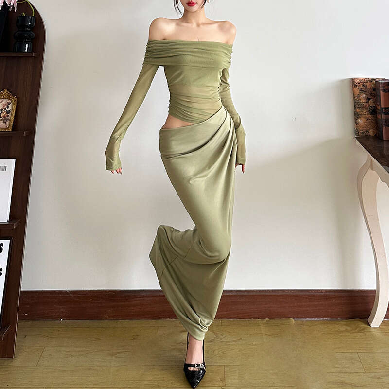 Sheath Dress Wind Spring New Women S Sexy Spicy Girl One Collar Chiffon Hollow Long Dress Summer Dress