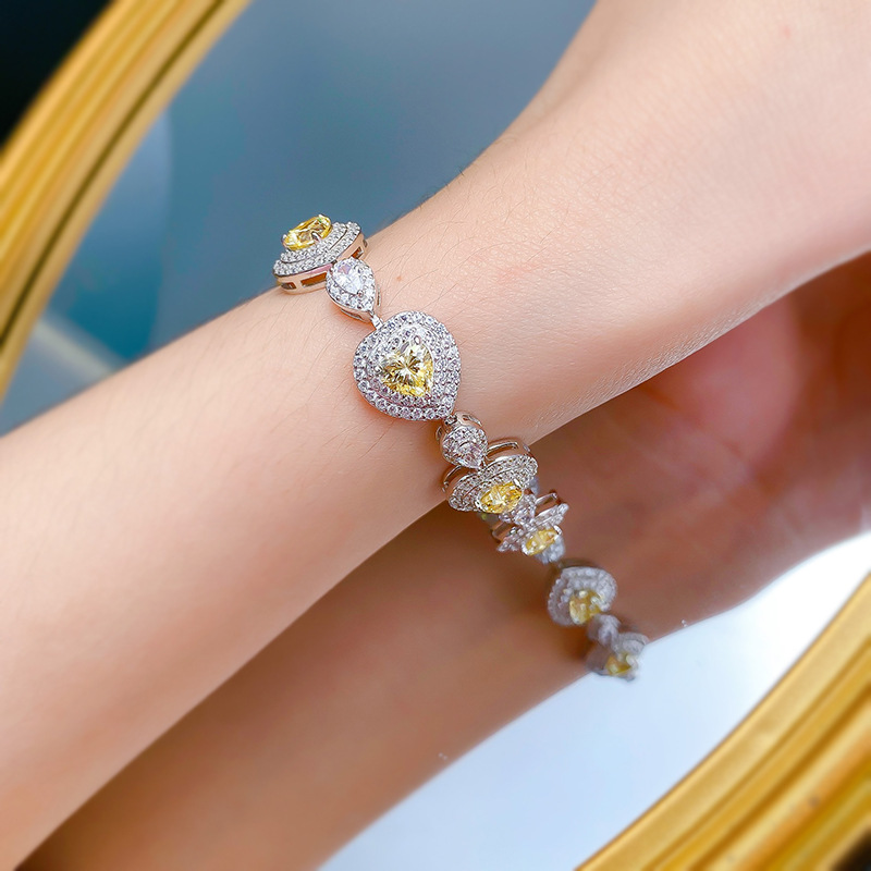 S925 Silver Heart-Shaped Yellow Diamond Bracelet for Women, Full Diamond Luxury Design, Elegant Gift for Her